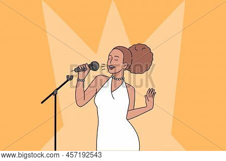 Young African American Woman Singing In Microphone On Stage. Happy Biracial Girl Have Fun Sing Karao