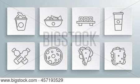 Set Line Crossed Bottle Of Water, Nachos In Plate, Pizza, Sandwich, Sushi On Cutting Board, Paper Gl