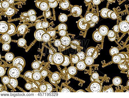 Multidimentional Time Related Abstract Background Made From Key Shaped Antique Watches Scattered On 