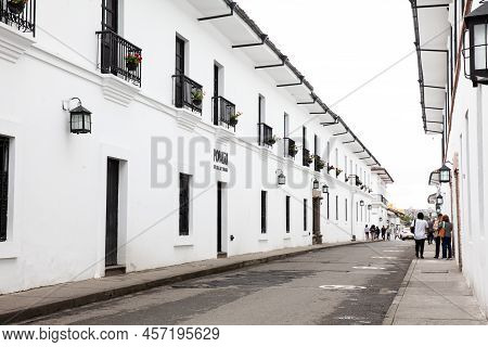 Popayan, Colombia - May, 2022: Beautiful Streets Of  Popayan City Center, Also Called The White City