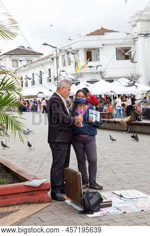 Popayan, Colombia - May, 2022: Street Vendor Of Artisanal Remedies At Caldas Square In Popayan City