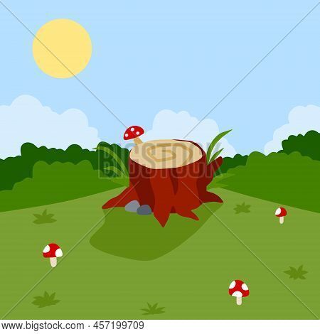 Stump In Forest Meadow. Green Field With Grass. Background For Child Drawing.