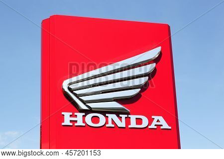 Villefranche, France - May 24, 2020: Honda Motorcycle Logo On A Panel. Honda Is A Japanese Public Mu