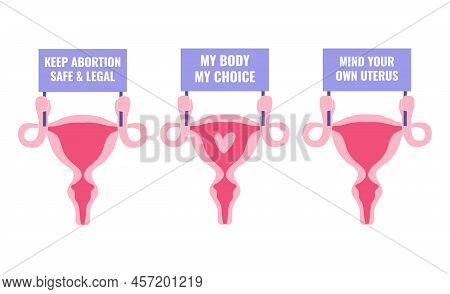 Uterus Holding The Protest Banner. Keep Abortion Safe And Legal Text. Protest, Women's Rights And Ch