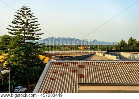 View Of An Urban Landscape With A Road, A Large Tree And The Mountains In The Background.