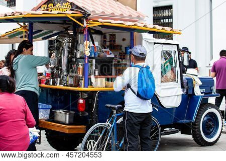Popayan, Colombia - May, 2022: Colombian Coffee Street Sell Using A Modified Traditional Willys Jeep