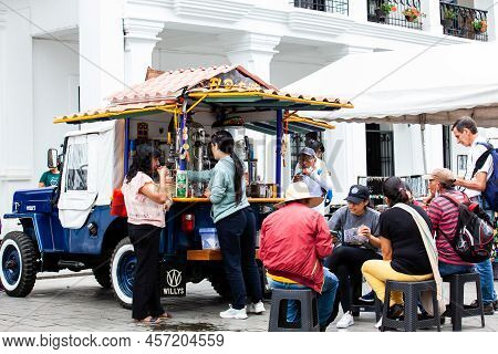Popayan, Colombia - May, 2022: Colombian Coffee Street Sell Using A Modified Traditional Willys Jeep