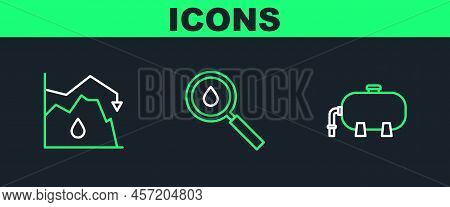 Set Line Oil Industrial Factory Building, Drop Crude Oil Price And Drop Icon. Vector
