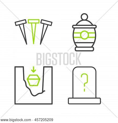 Set Line Grave With Tombstone, Coffin In Grave, Funeral Urn And Metallic Nails Icon. Vector