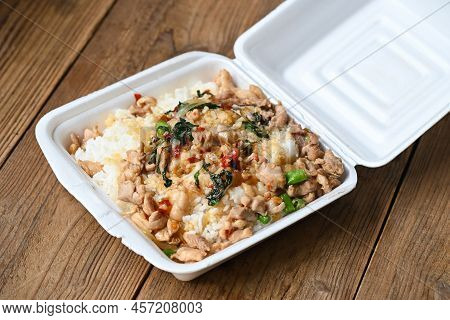Lunch Box Foam , Food Box With Rice Stir Fried Chicken With Holy Basil Takeaway Food , Street Food -