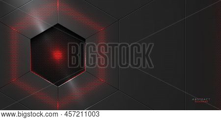 Abstract Metal Hexagonal Hole Shape Background With Red Glowing Effect