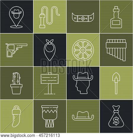 Set Line Money Bag, Shovel, Pan Flute, Kayak Or Canoe And Paddle, Cowboy Bandana, Revolver Gun, Loca