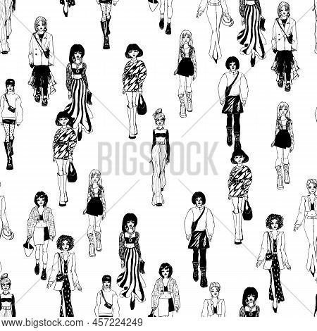 Seamless Pattern. Women In Trendy Clothes. Defile Sketch.
