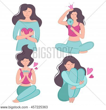 Vector Illustration Set Girl Self Love Hug Yourself