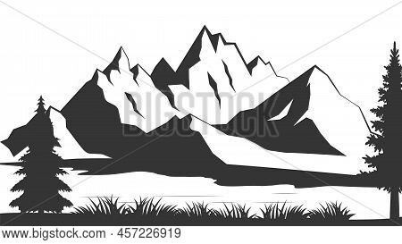 Mountain With Pine Trees And Landscape Black On White Background. Vector Illustration Mountain With 