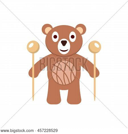 Knitted Plush Toy With Cartoon Bear Illustration, Knitting Needles And Ball Of Thread. Isolated Vect