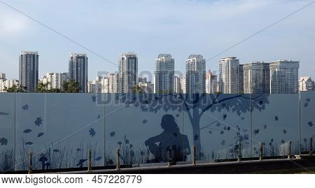 Kyiv, Ukraine June 28, 2022: New Quarter Of The Capital With Art Glass Fence City Kyiv Ukraine