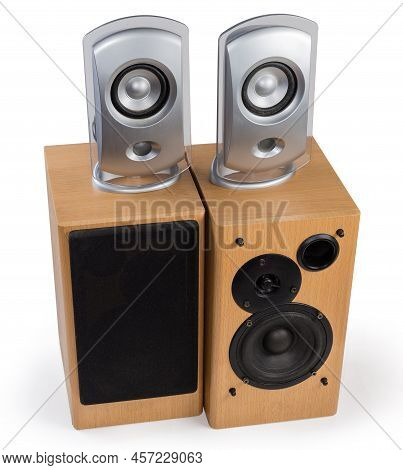 Pair Of Home High Fidelity Two-way Loudspeaker Systems With Bass Reflex Port In Wooden Housing And P