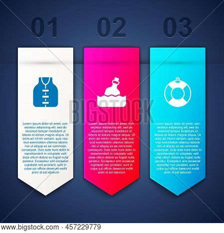 Set Life Jacket, Bottle With Message In Water And Lifebuoy. Business Infographic Template. Vector