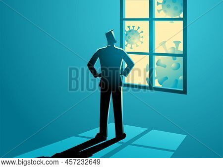 Vector Illustration Of Man Figure Looking Through The Window. Self Isolation, Home Quarantine, Stay 