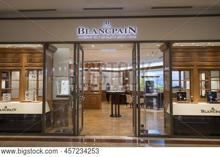 Kuala Lumpur, Malaysia - Jun 07, 2022: Blancpain Brand Retail Shop Logo Signboard On The Storefront 