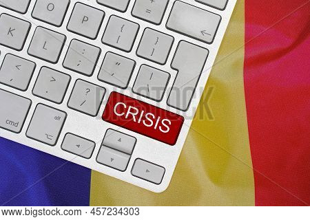 White Computer Keyboard With Red Button With Word Of Crisis On Moldavia Flag Background. Global Econ