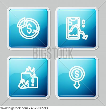 Set Line Dollar Rate Decrease, Mobile Stock Trading, Fire Burning House And Icon. Vector