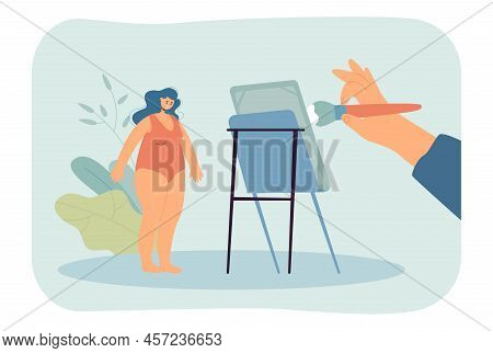 Hand Painting Portrait Of Girl Flat Vector Illustration. Huge Hand Drawing On Canvas At Easel. Occup
