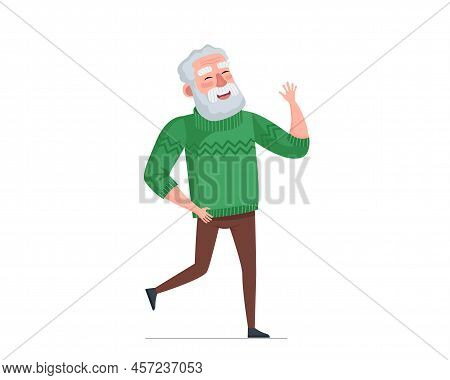 Older Man Fun Dancing. Elderly Male Dancer. Old Grandpa Waving Hands And Legs. Retired Granddad Movi