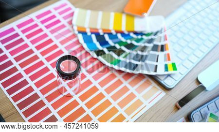 Color Palette With Different Shades Of Colors And Magnifier. Matching And Color Selection Concept