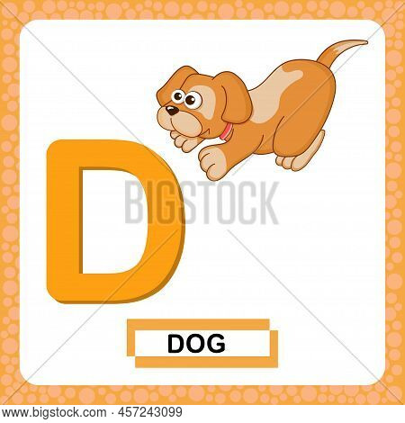 Letter D Uppercase With Cute Cartoon Dod Or Puppy Isolated On White Background. Funny Colorful Flash