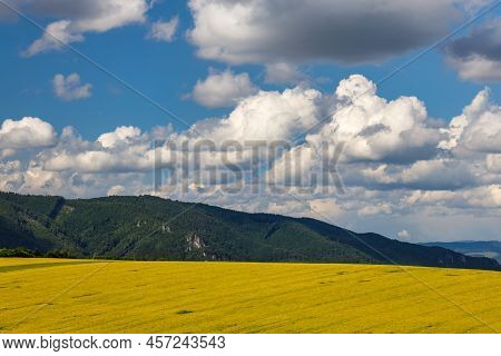 Spring Landscape With Fields Of Oilseed Rape. Hills And Blue Sky With Dramatic Clouds In The Backgro