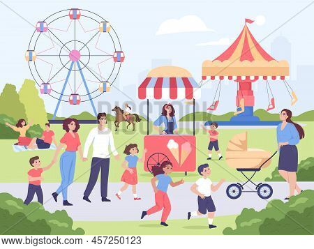 Families Having Fun In Amusement Park. People Walking, Eating, Riding Horse Flat Vector Illustration