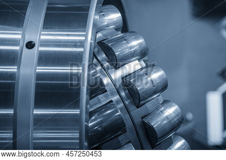 Close Up Scene Of The Reassembly Rolling Bearing Parts. The Heavy Mechanical Part Manufacturing Conc