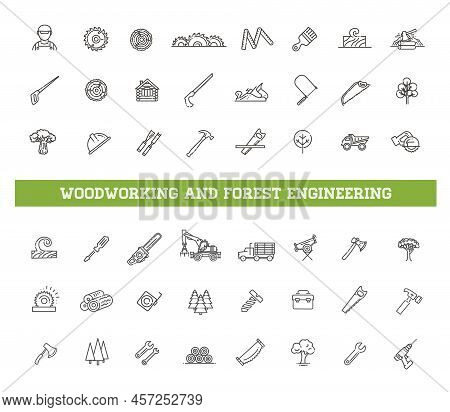 Logging, Sawmill Line Icons. Instruments For Working With Wood. Forest Engineering