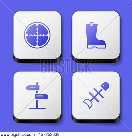 Set Sniper Optical Sight, Waterproof Rubber Boot, Road Traffic Sign And Dead Fish Icon. White Square
