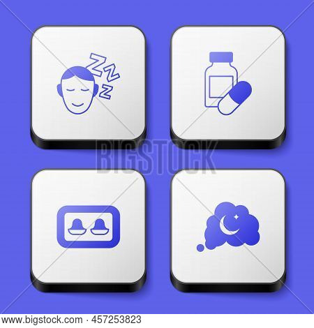 Set Dreams, Sleeping Pill, Earplugs With Storage Box And Icon. White Square Button. Vector