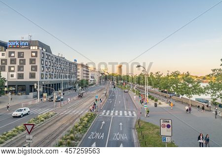 Bratislava, Slovakia - May 31, 2022: Evening View On Razus Embankment (razusovo Nabrezie) In City Ce