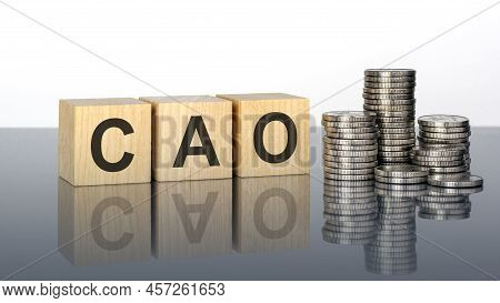 Cao. Wooden Cubes. Blocks Lie On A Black Background. Stacks With Coins. Inscription On The Cubes Is 