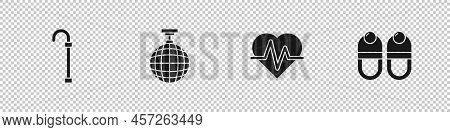 Set Walking Stick Cane, Disco Ball, Heart Rate And Slippers Icon. Vector