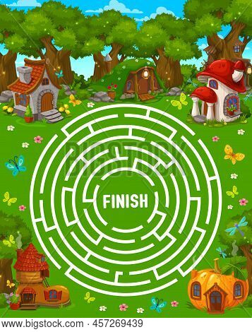 Round Labyrinth Maze Game, Cartoon Fairy Houses And Dwellings Of Elf Or Gnome, Vector Kids Worksheet