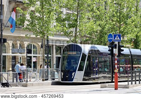 New Very Modern Tram Heading Towards Luxexpo Terminal. Luxembourg City, Luxembourg - June 23, 2022.
