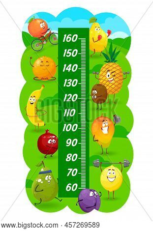 Kids Height Chart Of Fruits In Sport Competition And Fitness. Growth Measure Meter Vector Ruler Scal