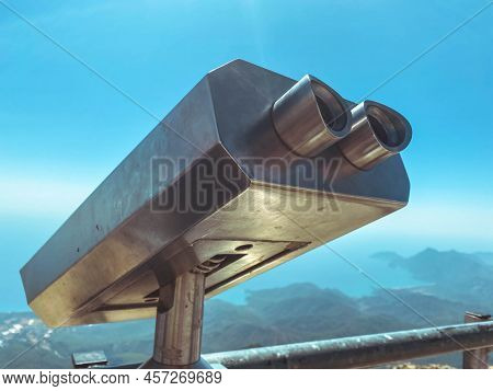 Observation Deck With Binoculars. Large, Metal Magnifier Of The Surrounding World. Panoramic Binocul
