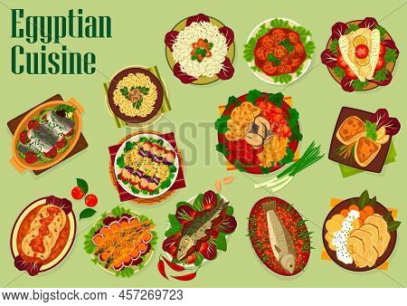 Egyptian Cuisine Fish Dishes With Vector Vegetables, Rice And Noodles. Traditional Arabian Food, Sar