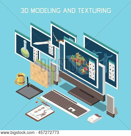 Game Development And Modeling Isometric Concept With Texturing Symbols Vector Illustration