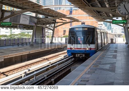 Bangkok, Thailand - December 2021: Bts Skytrain At Platform. Bts Is  Bangkok Transit System Train Dr