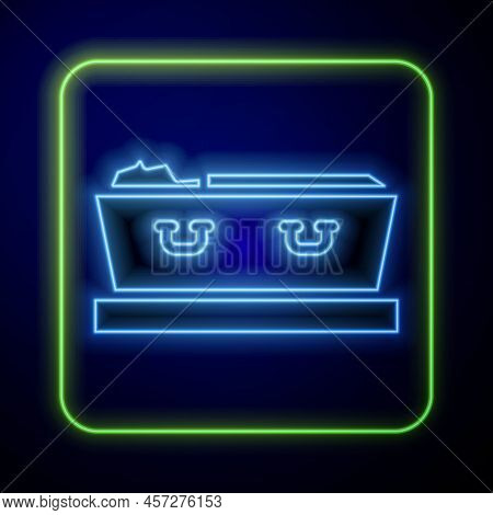 Glowing Neon Open Coffin With Dead Deceased Body Icon Isolated On Blue Background. Funeral After Dea