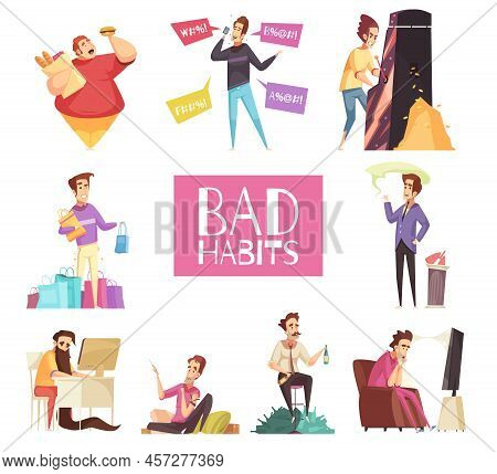 Bad Habits Set Of Alcoholism Drug Addiction Smoking Dependence Of Computer And Video Games Shopping 