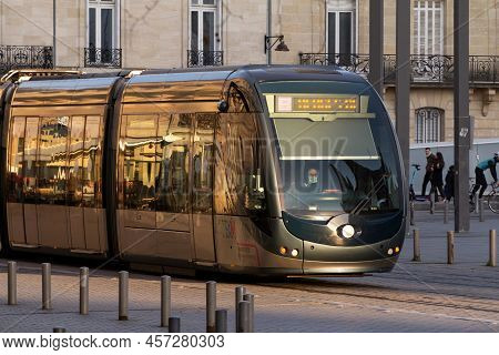 Bordeaux, France - February 19, 2022: Tram, Built By Alstom, Passing By The City Center. Operated By